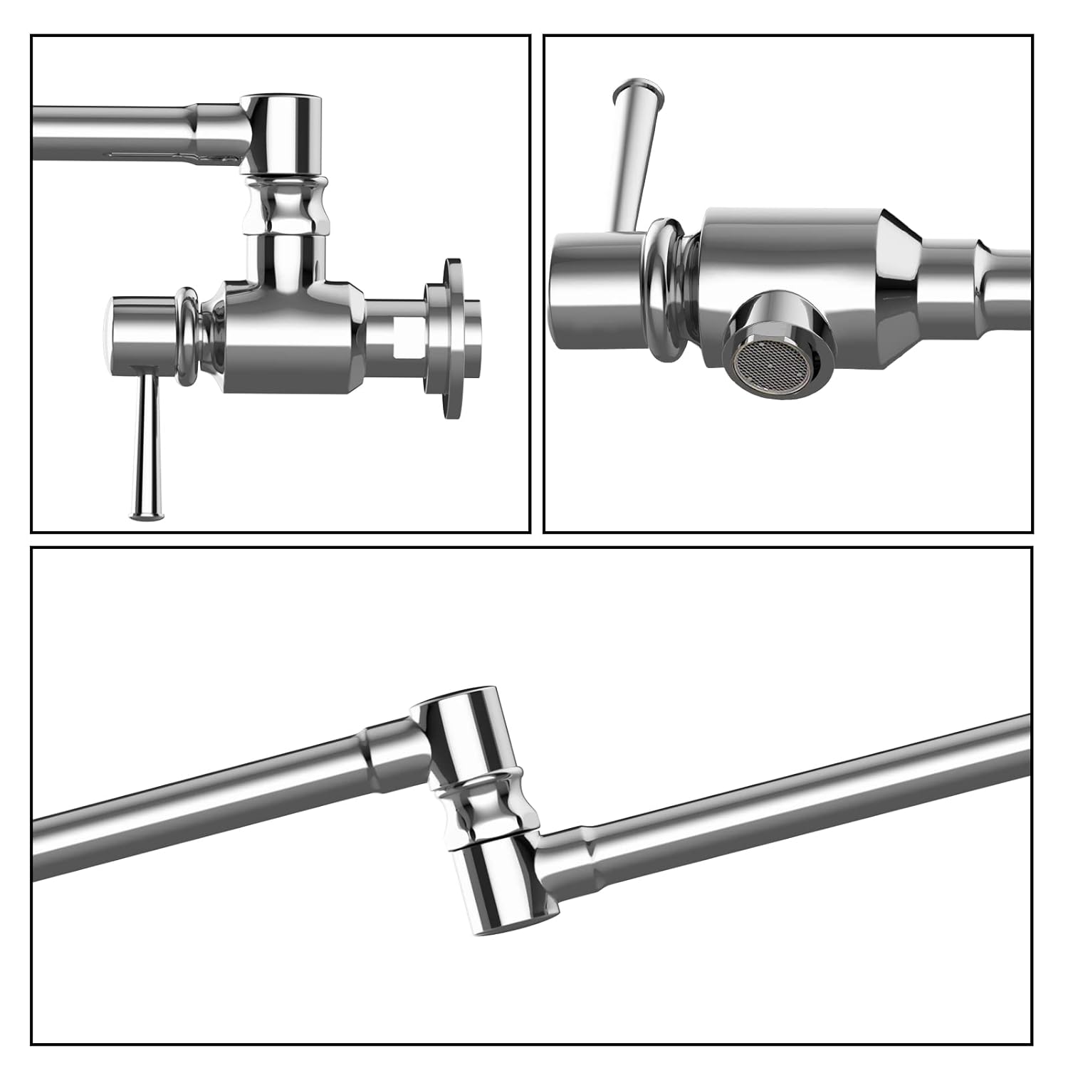 CWM Pot Filler Faucet,Polished Stainless Steel Pot Filler,Swing Arm Folding Stretchable Wall Mount Commercial Kitchen Sink Faucet with Single Hole Two Handles,Over Stove Design for Space-Saving