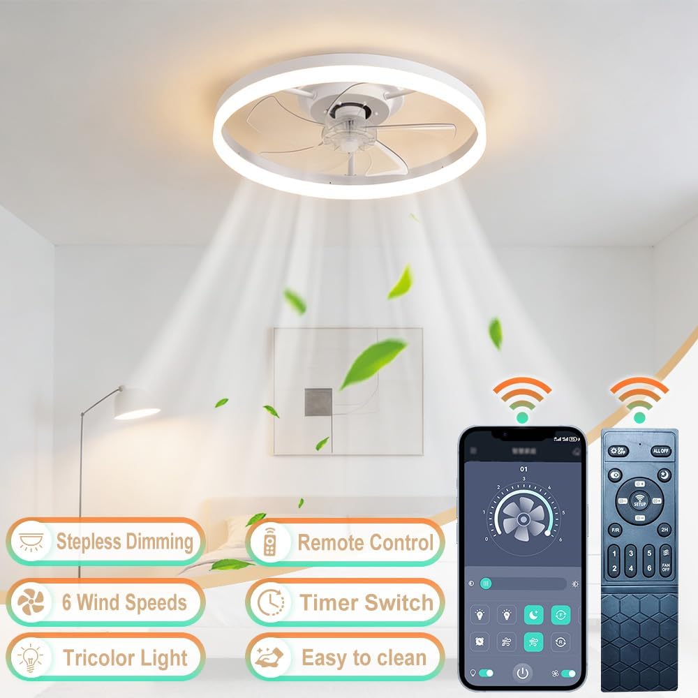 6 Wind Speeds Dimmable Fandelier Fan Light, Low Profile LED Ceiling Fans with Lights and Remote, White Bladeless Ceiling Fans Home Lighting for Living Room,Modern 20Inch Flush Mount Ceiling Fans Lamp