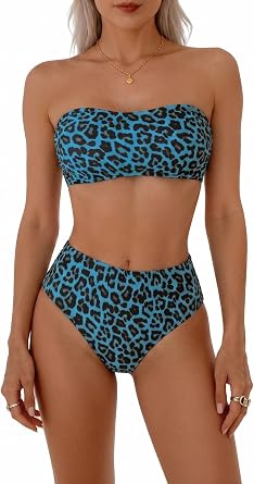 Women's Strapless Bandeau Bikini Set with High Waisted Bottoms, Leopard Print Two Piece Swimsuit, Tummy Control Swimwear for Beach Pool Holidays