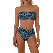 Women's Strapless Bandeau Bikini Set with High Waisted Bottoms, Leopard Print Two Piece Swimsuit, Tummy Control Swimwear for Beach Pool Holidays