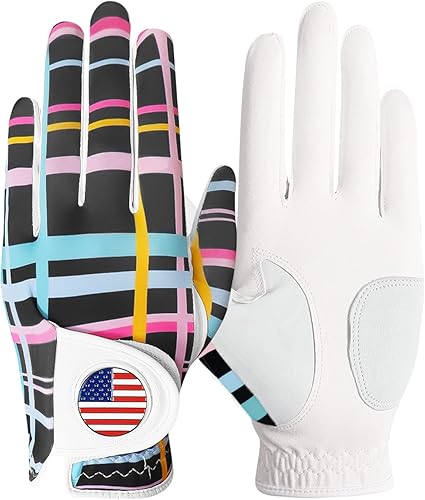 FINGER TEN Golf Gloves Women Right Handed Golfer Left Hand with Ball Marker USA Flag Ladies Breathable Soft All Weather Grip Printed Pattern Size XS