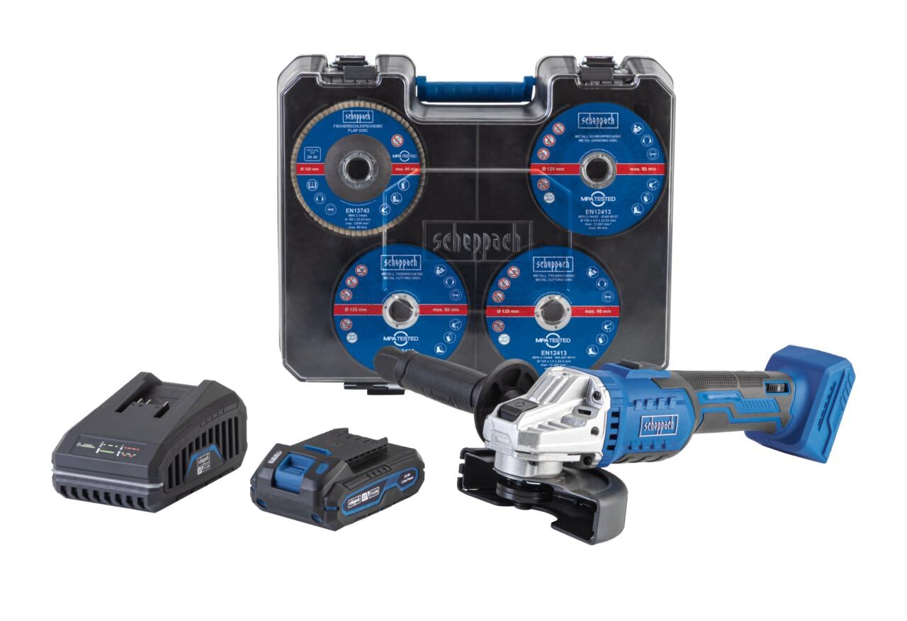 Scheppach Smerigliatrice angolare a batteria C-ATB15/1-X con valigetta e 15 dischi abrasivi, diametro disco 125 mm, velocità di rotazione 2500 - 10.000 min-1, avvio morbido e protezione da
