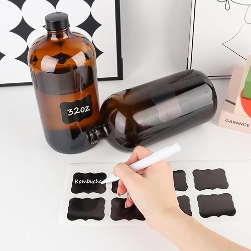 Miniatura 5 de Paquete de 2 botellas Boston de vidrio ámbar de 32 onzas con tapas de cono de polietileno fenólico. Botellas de vidrio perfectas para laboratorio,