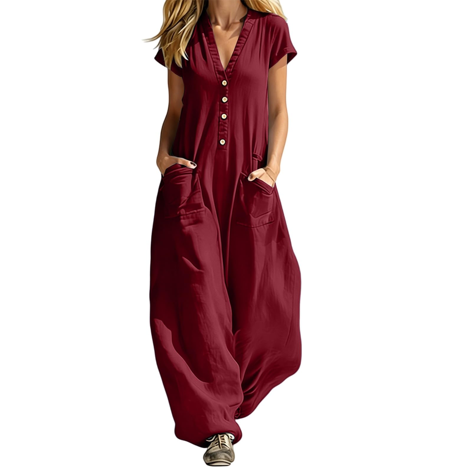 Generisch Mono para mujer de pierna ancha, sin mangas, cuello en V, una pieza, holgado, informal, suelto, con bolsillo, traje de lino de color liso