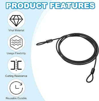 PATIKIL 5/32 Dia Vinyl Coated Stainless Steel Cable with Loops, 4 Pcs 7 ft (79) Flexible Wire Rope Security Chain Lanyard Lock for Outdoor Stage Lighting Luggage Lock, Black