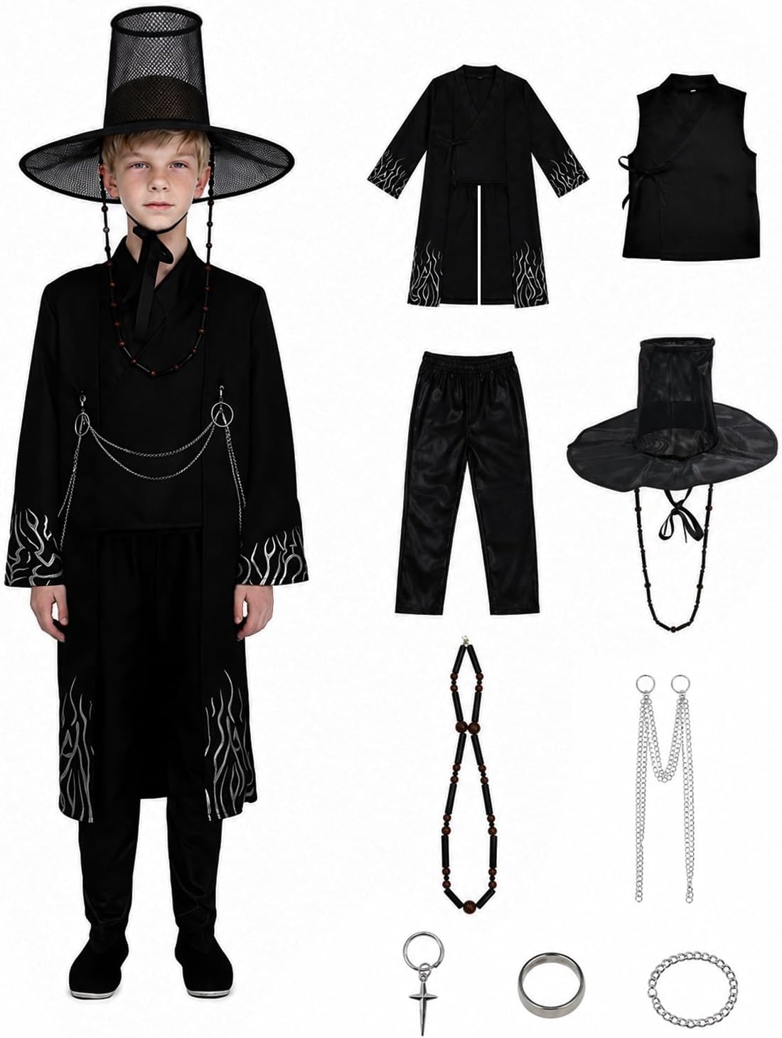 9Pcs Cosplay Costume Set Boys Black Anime Costumes with Hat for Halloween Party Stage Performance Outfits