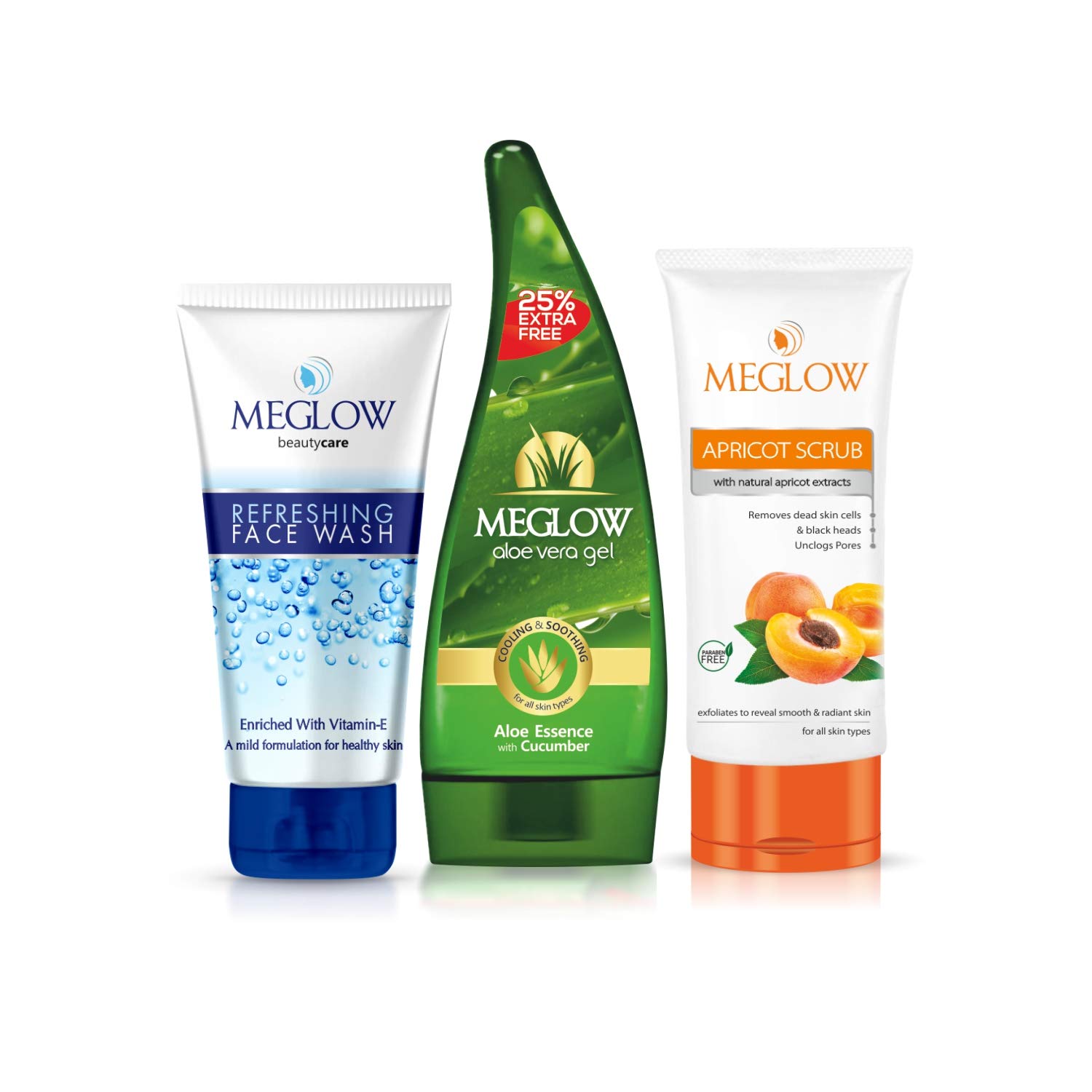 Meglow Skincare Combo Pack of 3- Refreshing Facewash(70g) || Apricot Scrub(70g) With Natural Apricot Extracts || Aloevera gel(125g) Enriched with Aloevera and Cucumber || For Smooth and Nourished Skin