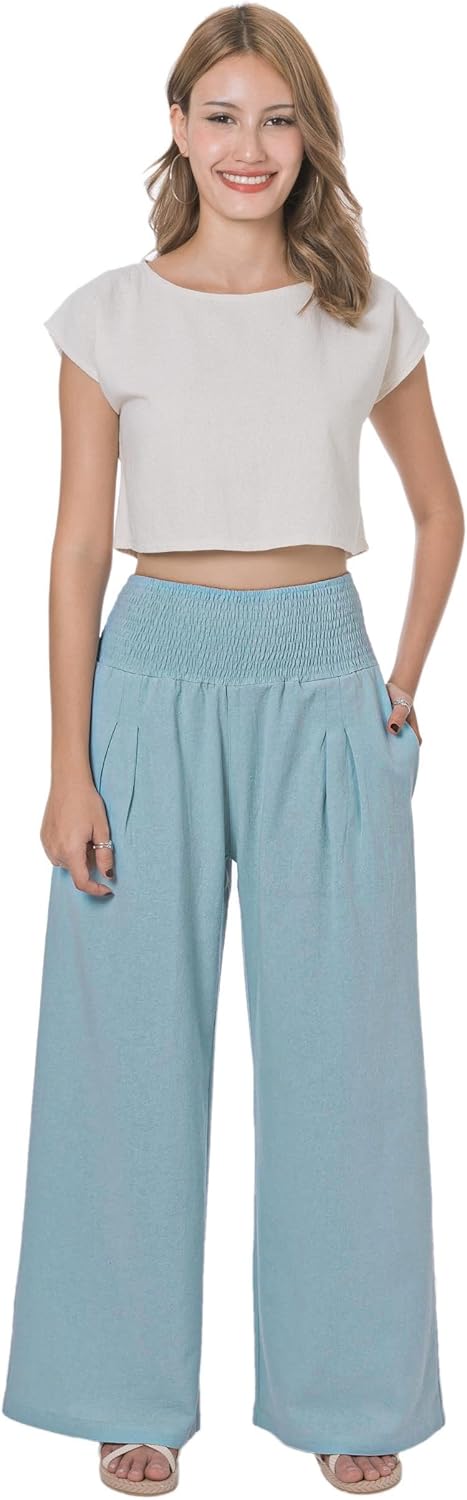 LOFBAZ Women Summer Flowy Cotton Linen Palazzo Wide Leg Pants Beach High Waisted Trousers Boho Long Lounge Pant with Pockets - Image 6
