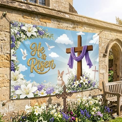 Image of KatchOn, Large Happy Easter Banner - 72x44 Inch | He is Risen Backdrop for Easter Decorations, Christian Easter Decorations | Easter Photo Backdrop, He Is Risen Decor, Jesus Spring Party Decoration