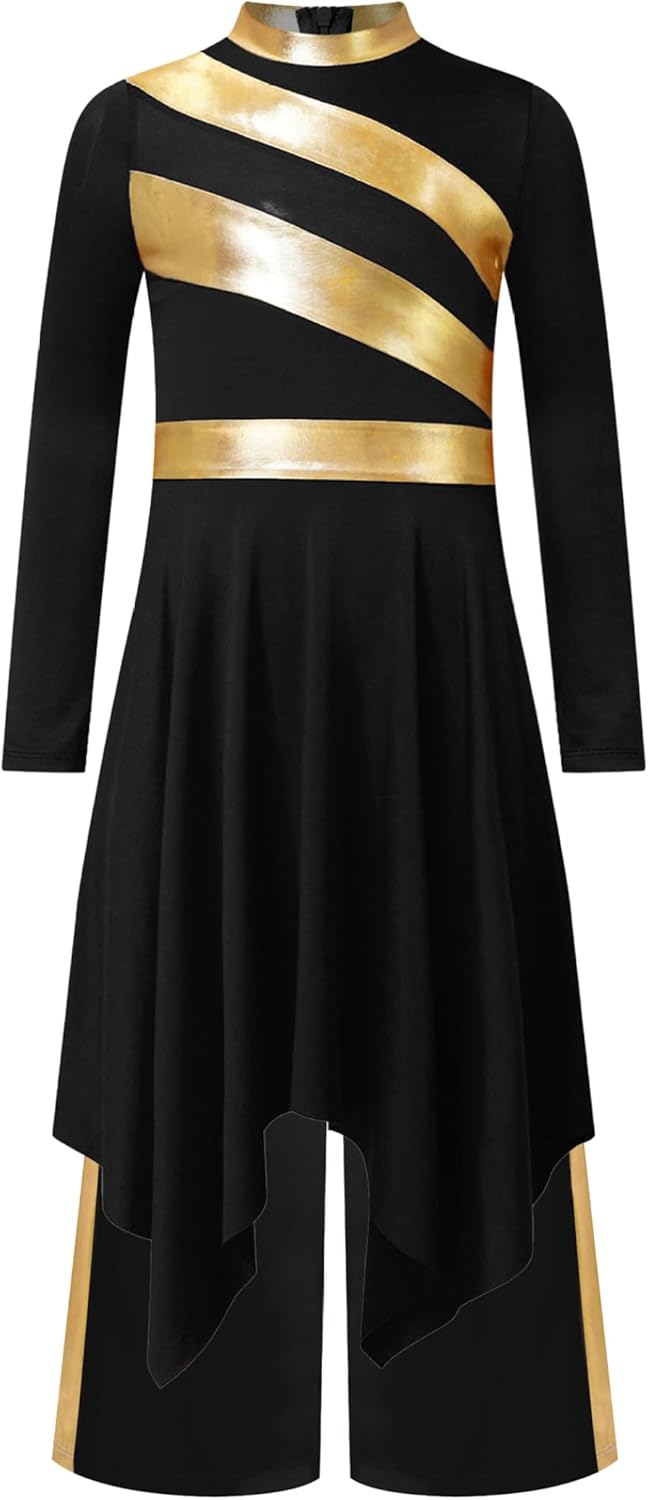 Kids Girls Worship Praise Dance Dress Metallic Long Sleeve Outfit with Palazzo Pants Liturgical Church Robe