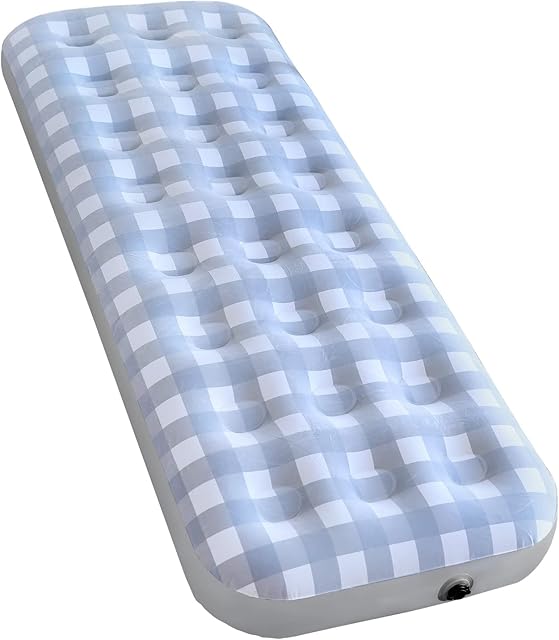 Single Size Air Bed, zootop Plaid Flocked Inflatable Bed PVC Air Mattress Portable Blow Up Camping Mattress Waterproof Airbed with 100KG Maximum Weight for Adults Children Indoor Outdoors(191x73x22CM)