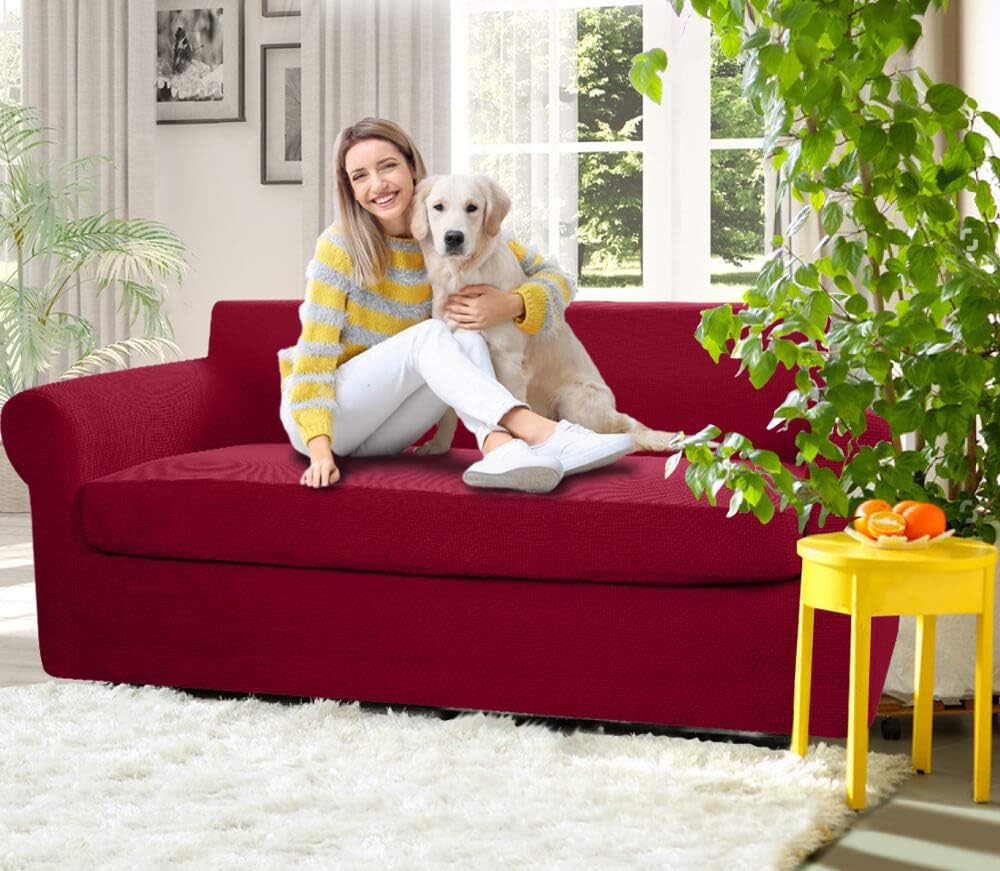 Vailge 2-Piece High Stretch Jacquard Sofa Slipcover, Durable Sofa Cover with Separate Cushion Cover, Machine Washable Couch Cover/Protector for Dogs,3 Cushion Couch,Kids,Pets(Sofa:Burgundy)
