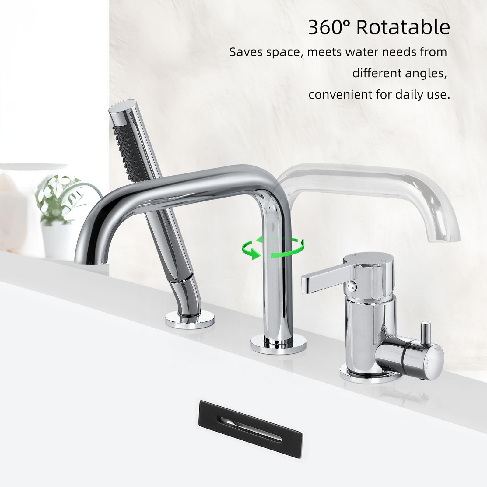 Rubinetto per Vasca 3 Fori, Rubinetto per Bordo Vasca con Girevole a 360°, Miscelatore per Vasca da Bagno con Doccetta, Cromo, 11Y1OK
