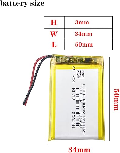 Miniatura 2 de Batería recargable del polímero de iones de litio de la batería 303450 del polímero de litio de la batería 500mAh de 3.7V Lipo con dos líneas