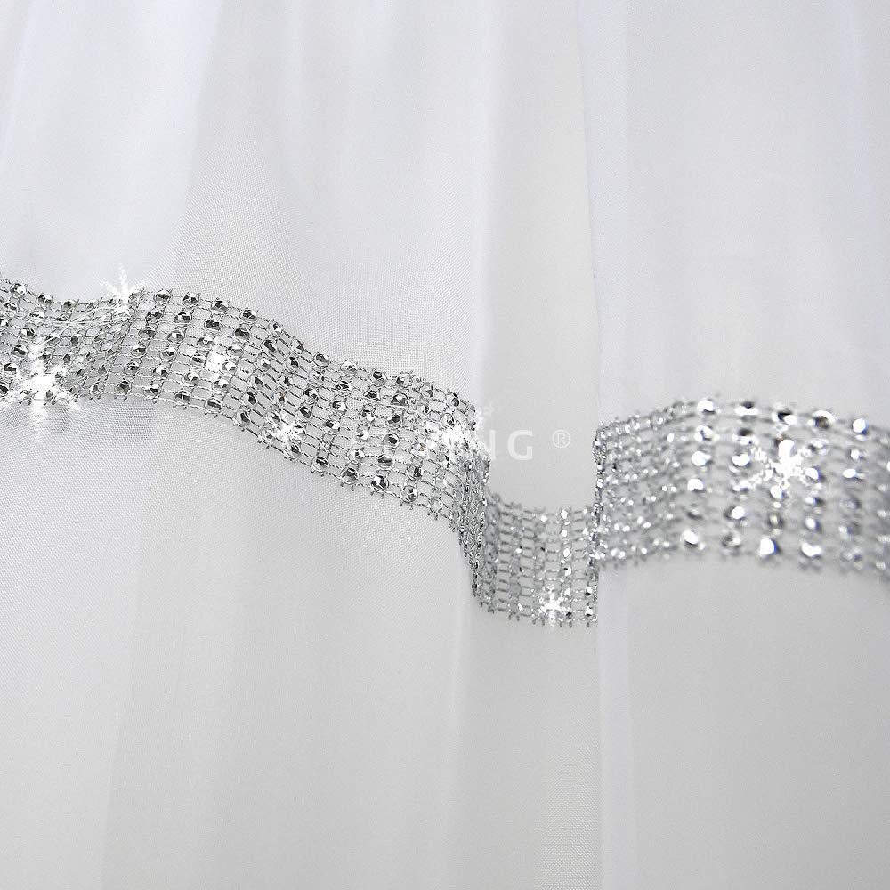 FKL DESIGN Voile Curtain with Satin Ribbon White Modern Beautiful Kitchen Curtain 400 cm x 85 cm with Ruffle Ribbon and Zirconia LB-271 (85 x 400 cm) - Image 3