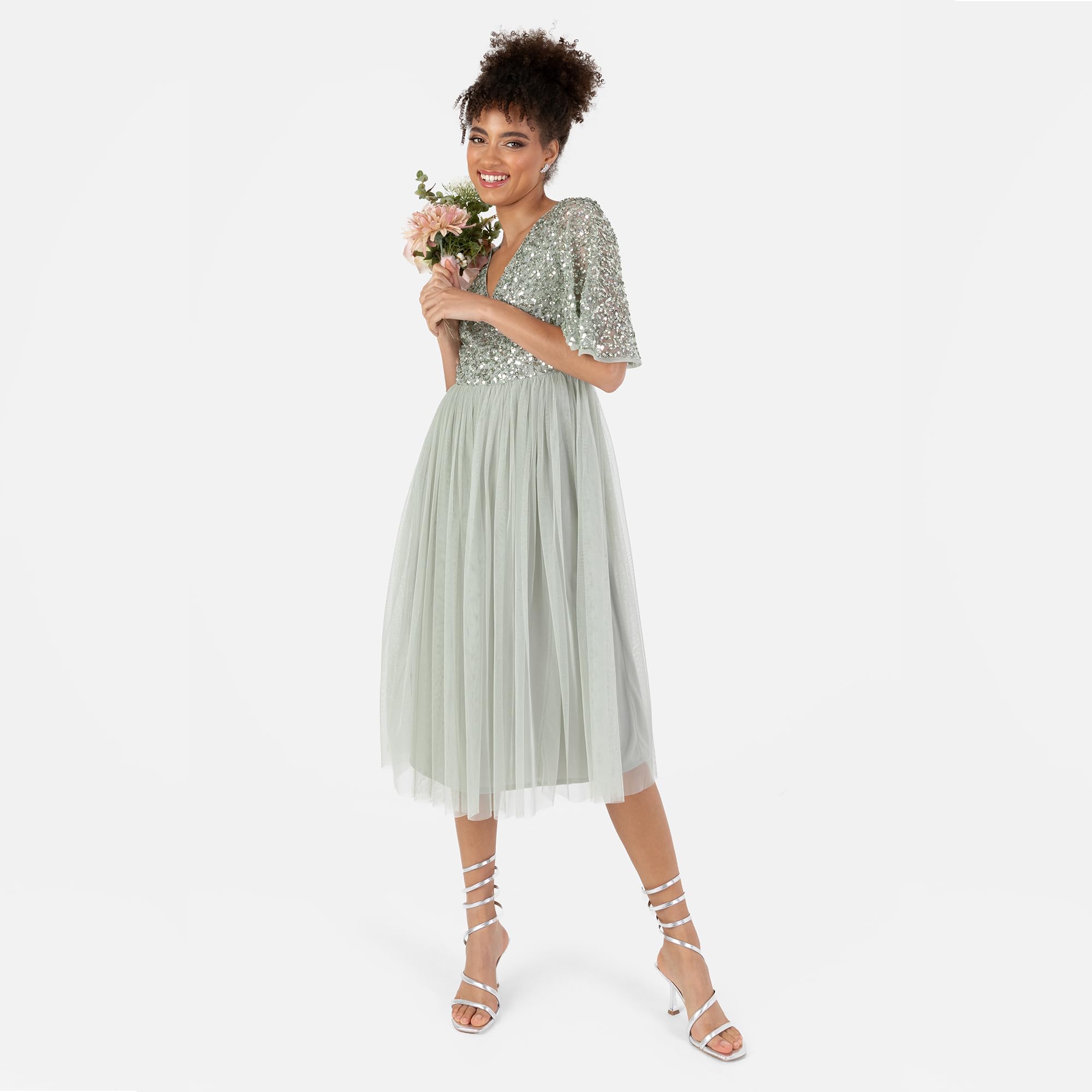 Maya Deluxe Robe de Soirée Femme pour Mariage Invitée, Col V, Robe À Pailettes Demoiselles d'honneur À Manches Courtes Robe de Demoiselle d'honneur Femme