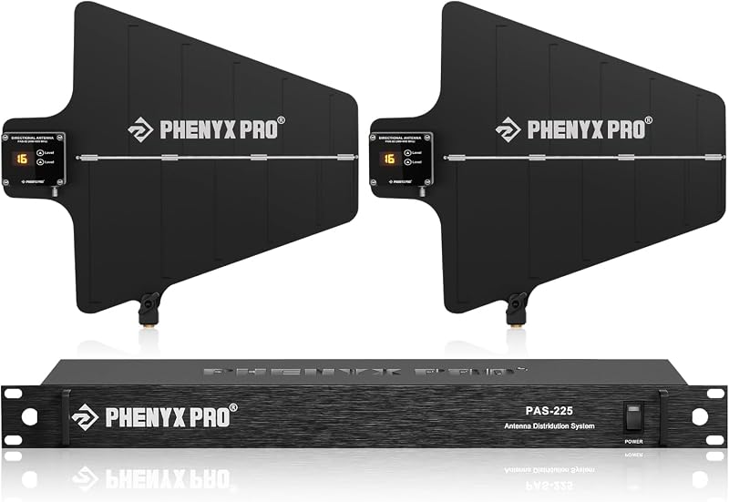 Phenyx Pro PAS-225X UHF sistema de distribución de antena inalámbrica, receptores direccionales activos con 8 salidas + 2 puertos en cascada, cobertura de 160 pies de largo, antena de micrófono inalámbrica para escenarios y espectáculos en vivo