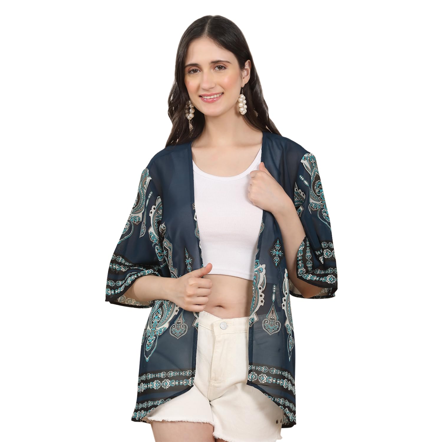 Women's Teal Printed Georgette Shrug | Open Front Kimono Cardigan | Lightweight Beach Cover-Up | Casual Resort Wear Overlay for Women-image-17