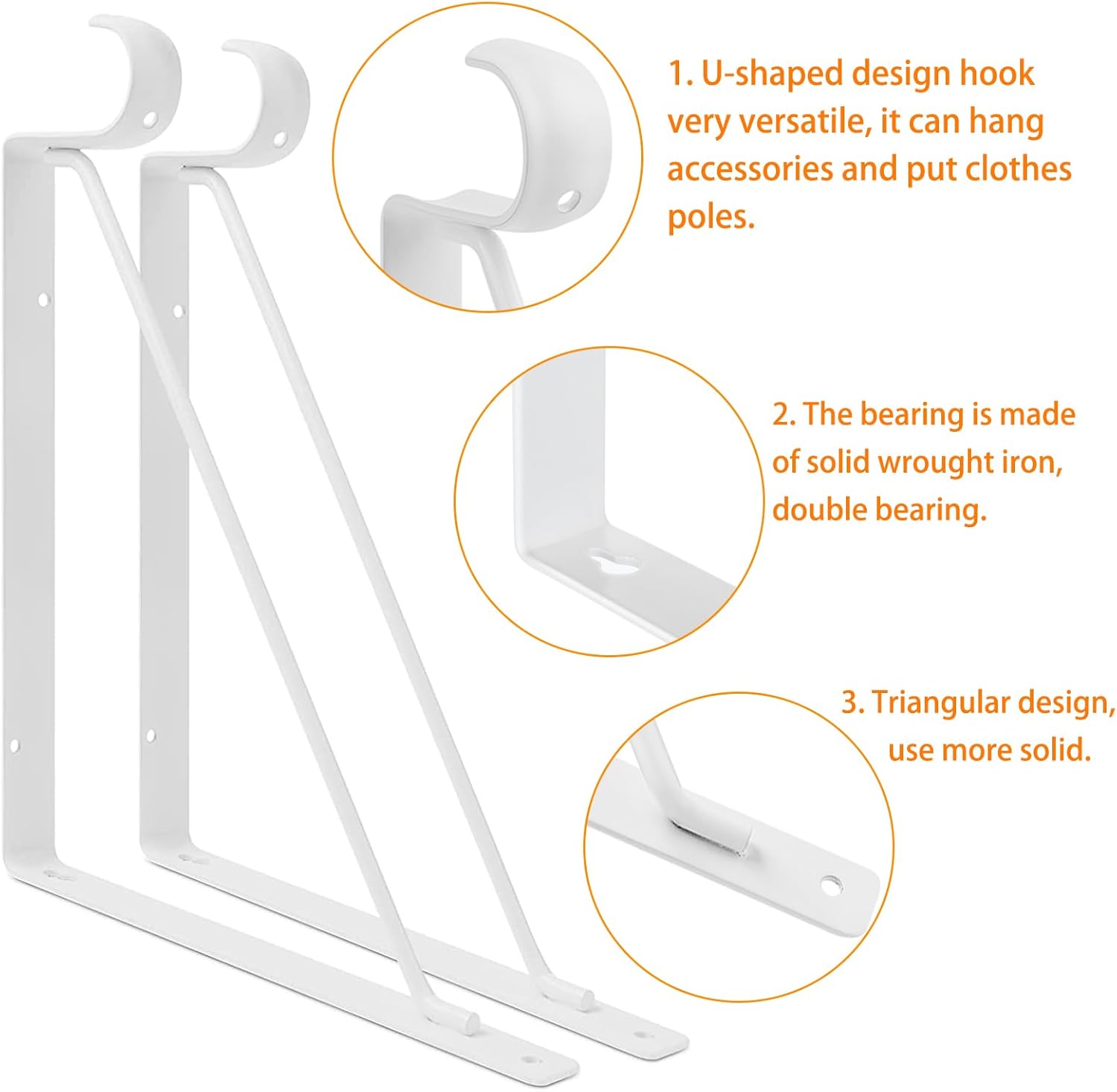 8 Pack Heavy Duty Closet Rod Bracket 11”x11” Closet Shelf & Rod Brackets, Right Angle Closet Shelf Bracket with Rod Holder, Closet Rod Center Support for Revive Your Sagging Rod, Withe