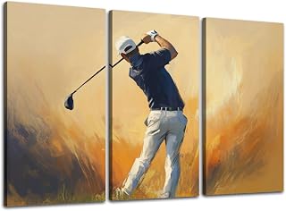 3 Piece Canvas Wall Art Prints Picture Golf Sports Painting Golfer Swinging Tee Shot Grass Explosion Color Framed Wall Painting Modern Artwork Poster Home Decor for Living Room Office Ready to Hang