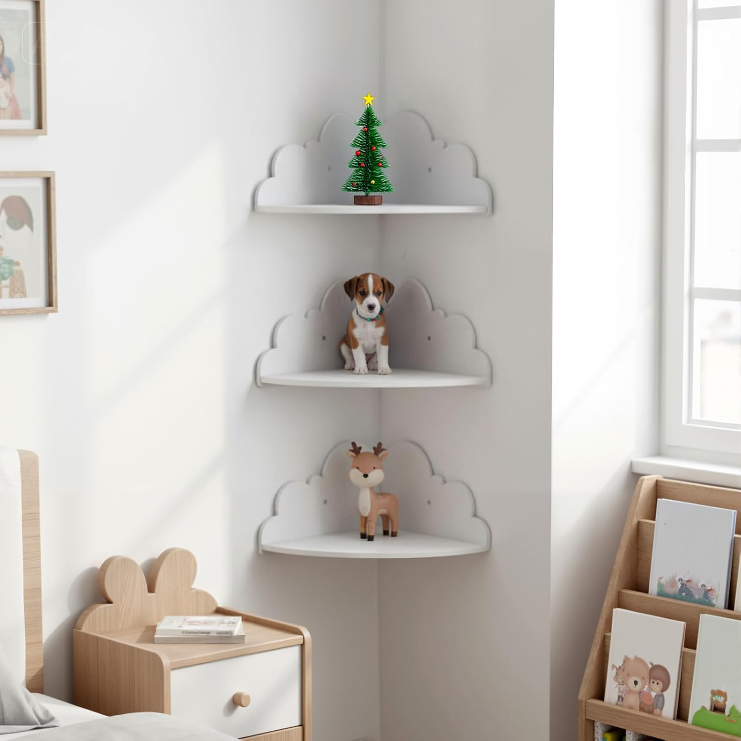 Cloud Floating Corner Shelves, Set of 3 Cloud Corner Floating Shelves Wooden Cute Wall Mounted Shelf Clouds Dispaly Shelf for Toys Plants & Storage
