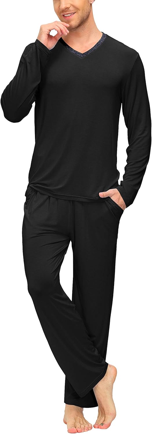 JINSHI Mens Pajamas Set Soft Mens Pjs Lounge Sets Lightweight Long Sleeve Sleepwear Nightwear With Pocket