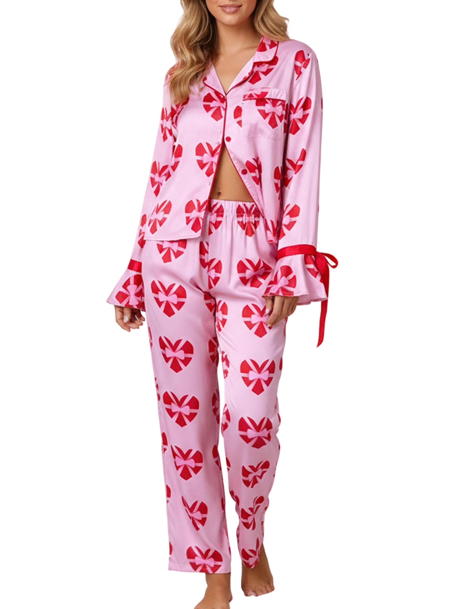 SANSIWU Women 2 Piece Valentine’s Day Pajama Set Cute Heart Print Long Sleeve Bow Tie-up Crop Shirt and Pants Lounge Sets (A-Red, S)