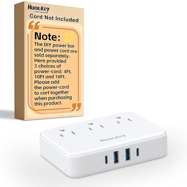 Non Surge Power Strip for Cruise, Travel Power Strip Cord Removable for Easy Packing, Huntkey 3 Outlets with 4 USB Ports (2 USB-C, 2 USB-A), Easycombo Modular Design, Enjoy DIY Fun