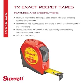 Starrett Exact Retractable Imperial Pocket Tape Measure with Nylon Coating, Self Adjusting End Hook, and Steel Belt Clip - 3/4 Width, 16' Length - KTX34-16-N