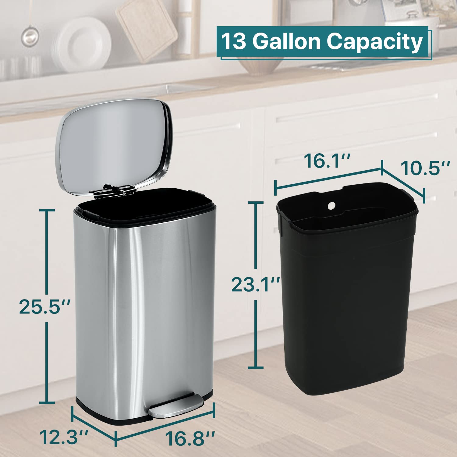 Dkelincs Kitchen Trash Can 13Gallon/50L Stainless Steel Trash Can with Lid & Removeable Barrel, High-Capacity Step Garbage Can Classified Recycle Rubbish Bin for Bathroom Bedroom Home Office