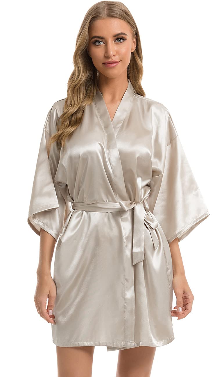 Vlazom Kimono Robe Damen Morgenmantel Kurzer Satin Bademantel Mit Gürtel V-Ausschnitt Kimono