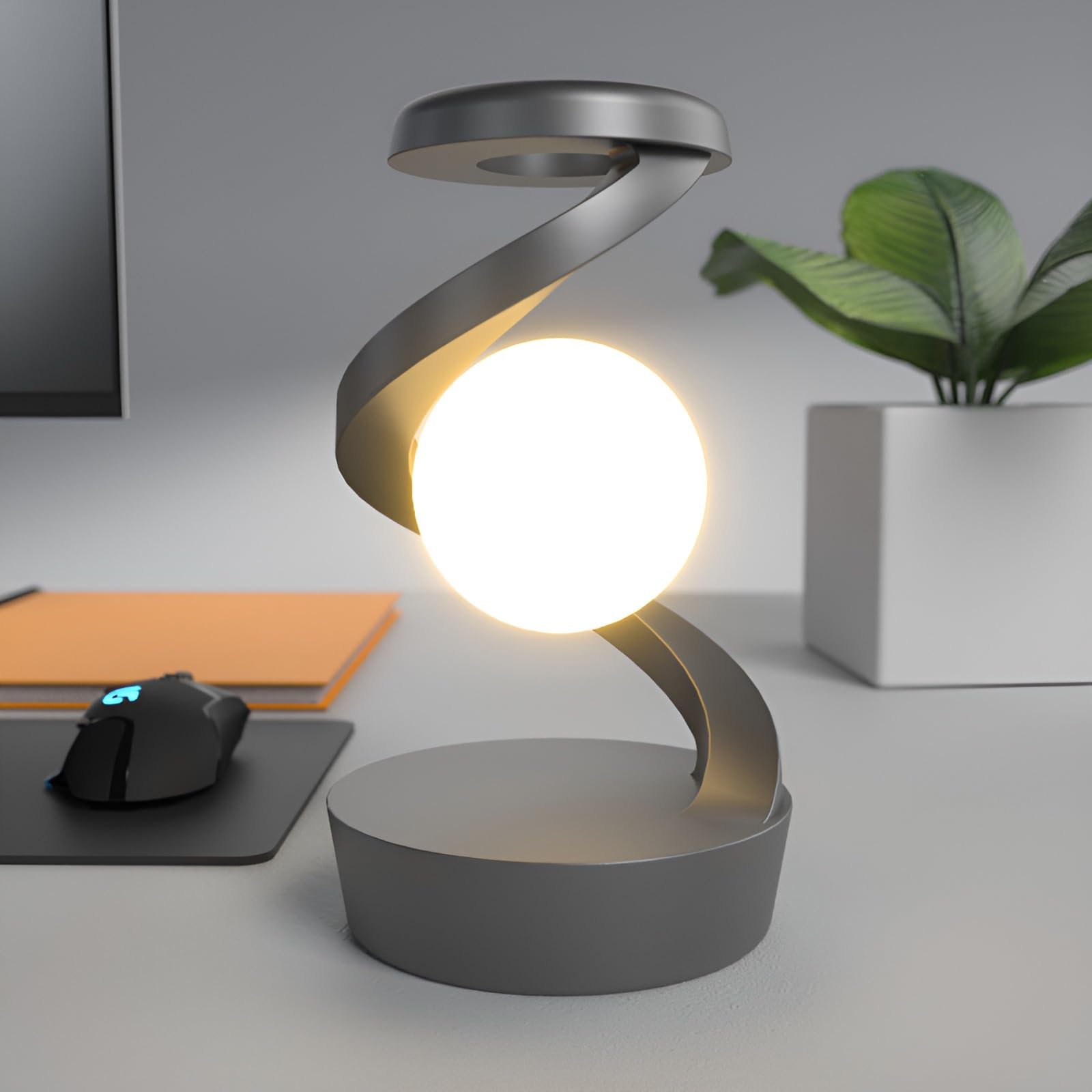Syfunlv Lampe de Table à Induction Rotative Flottante,Veilleuse LED avec Contrôle Tactile et Chargeur Sans Fil,Lampe de Chevet Flottante Rotative à Commande Intelligente,pour Chambres Bureau (Blanc)