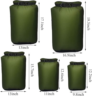 Dry Bag, 5 Pack Waterproof Dry Sack, Wet Dry Storage Bag-Army Green