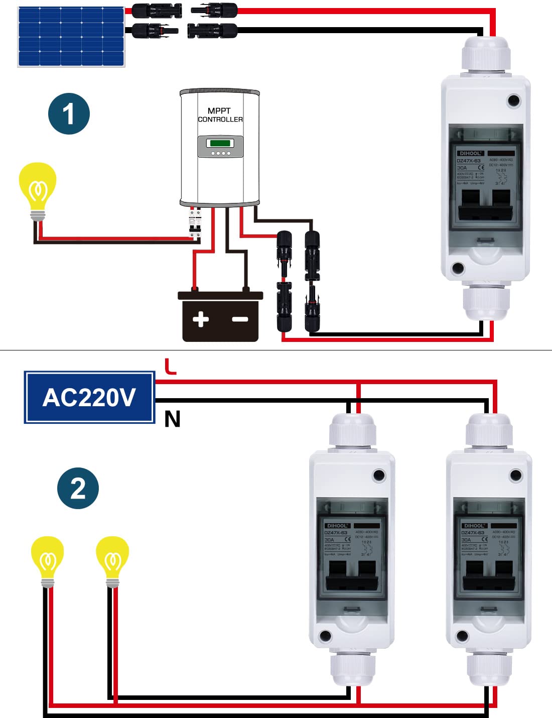 30 Amp 12V-400V DC Disconnect Switch | Miniature Circuit Breaker with IP65 Distribution Box for Solar Panels | DC AC 110V 240V Plug-and-Play MCB: Tools & Home Improvement