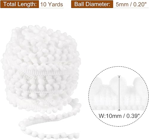 Miniatura 2 de uxcell 10 yardas con flecos de pompones, accesorio de costura de cinta, manualidades, para el hogar, cortinas, ropa, almohadas (0.197 in, blanco)