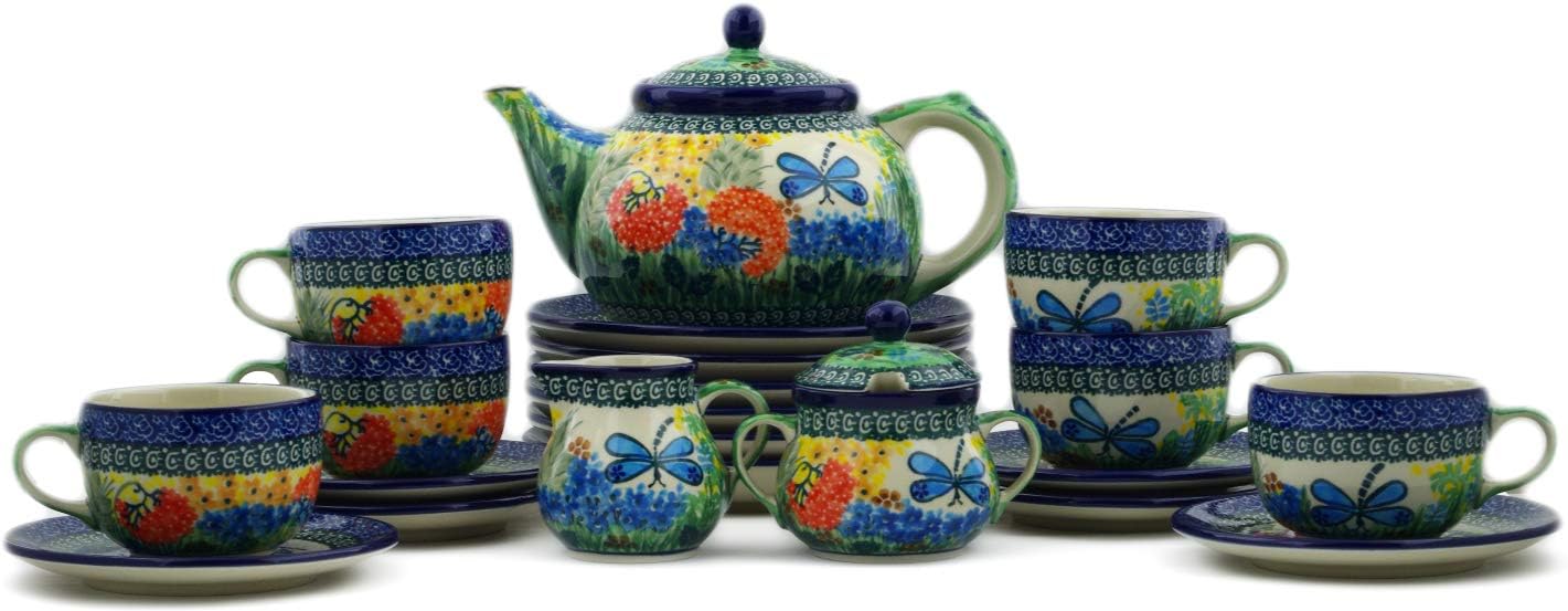 Polmedia Polish Pottery Tea or Coffee Set for Six UNIKAT - Garden Delight Pattern Handmade in Boleslawiec Poland by Ceramika Artystyczna + Certificate of Authenticity