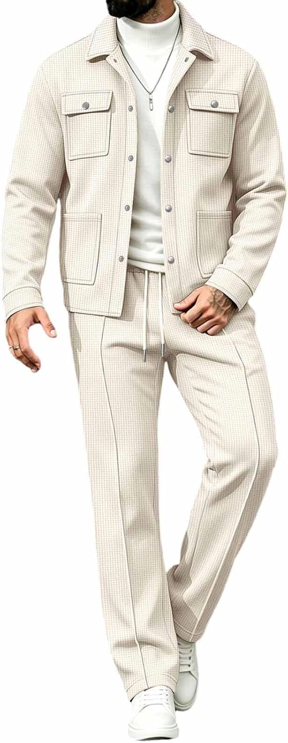 Mens 2 Piece Waffle Set Button Up Jacket Straight Leg Pants