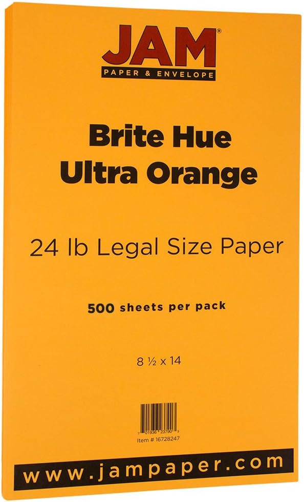 JAM PAPER Legal Colored 24lb Paper - 90 gsm - 8.5 x 14 - Ultra Orange - 500 Sheets/Ream