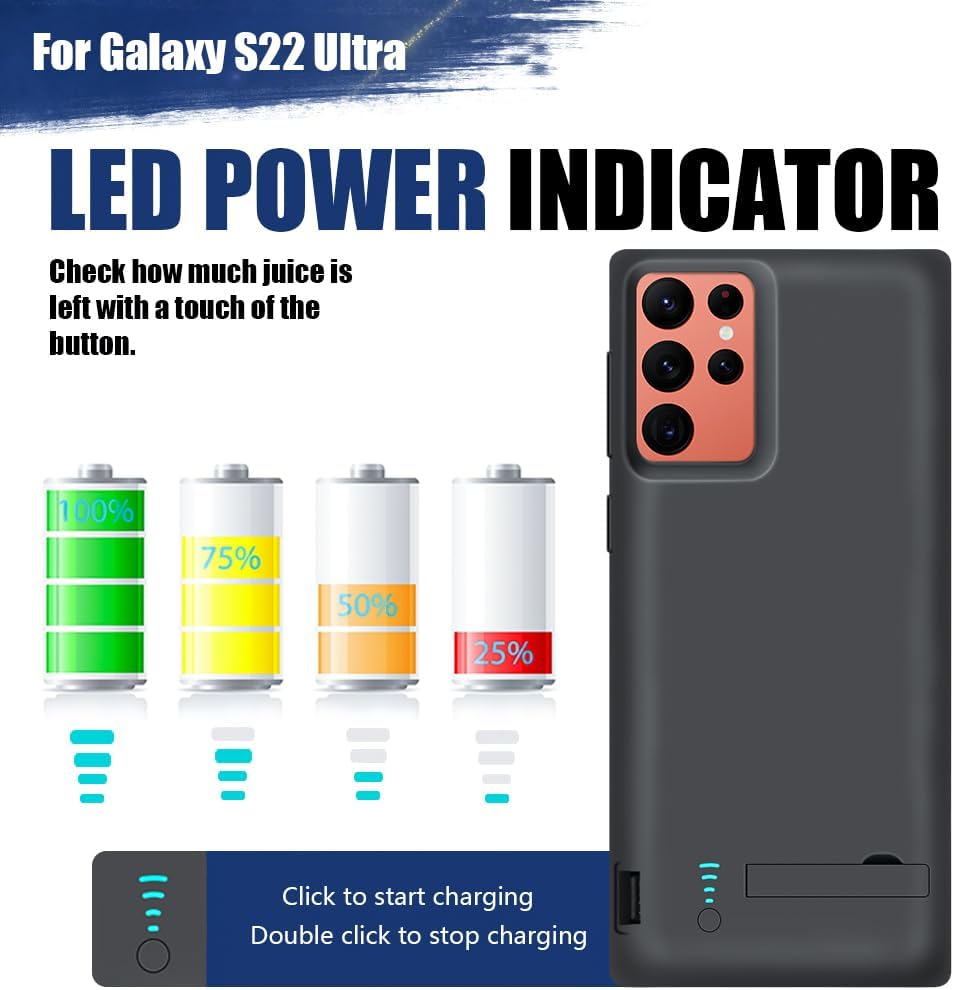 Sitong Upgraded Battery Case for Samsung Galaxy S22 Ultra, 5000mAh Rechargeable Extended Battery Charging Charger Case, Add 100% Extra Juice (6.8 Inches) Black