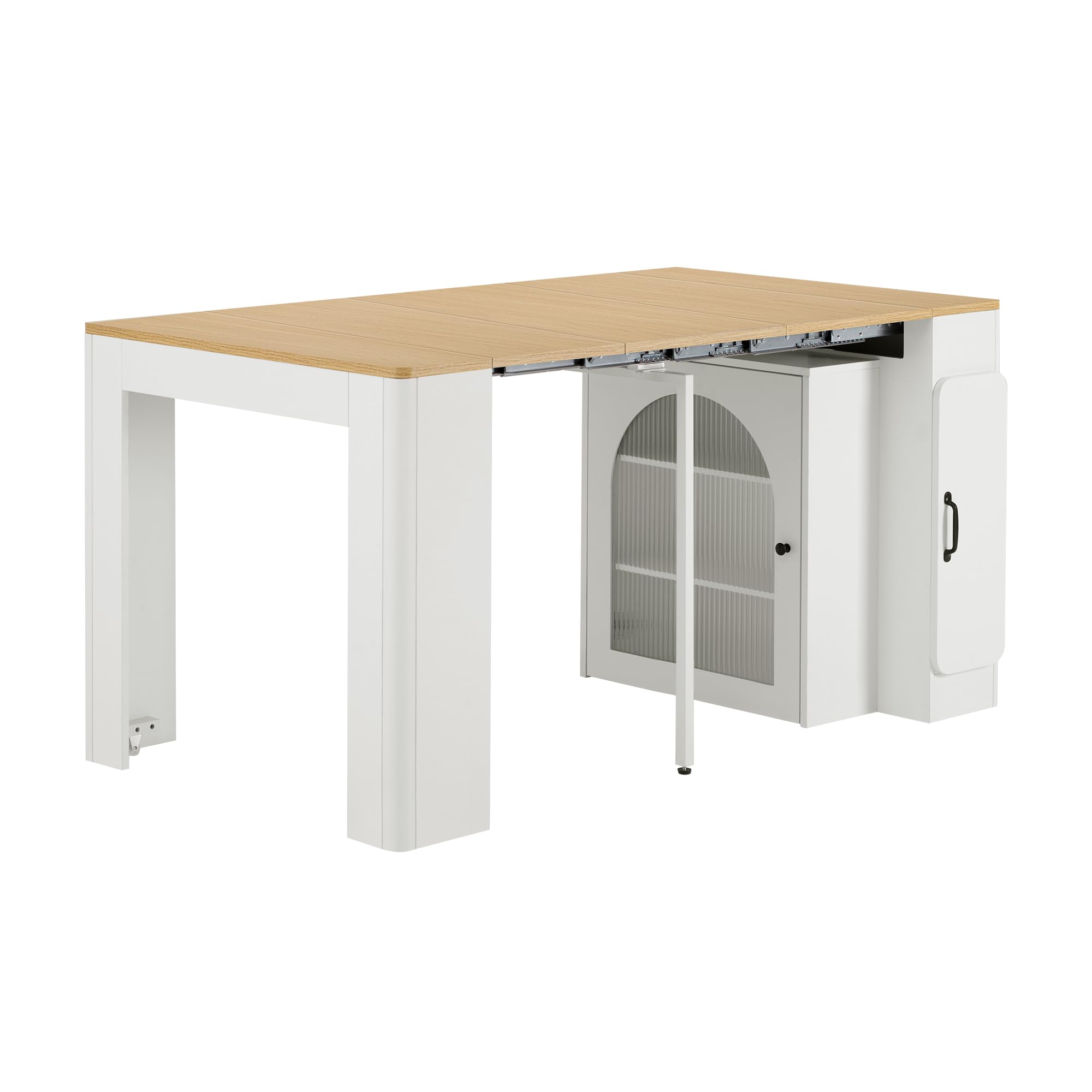 Isla de cocina extensible 149,5 x 80 x 77 cm, con superficie de trabajo extraíble, mesa bar con enchufe múltiple integrado, aparador con dos cajones y amplio espacio de almacenamiento (blanco)