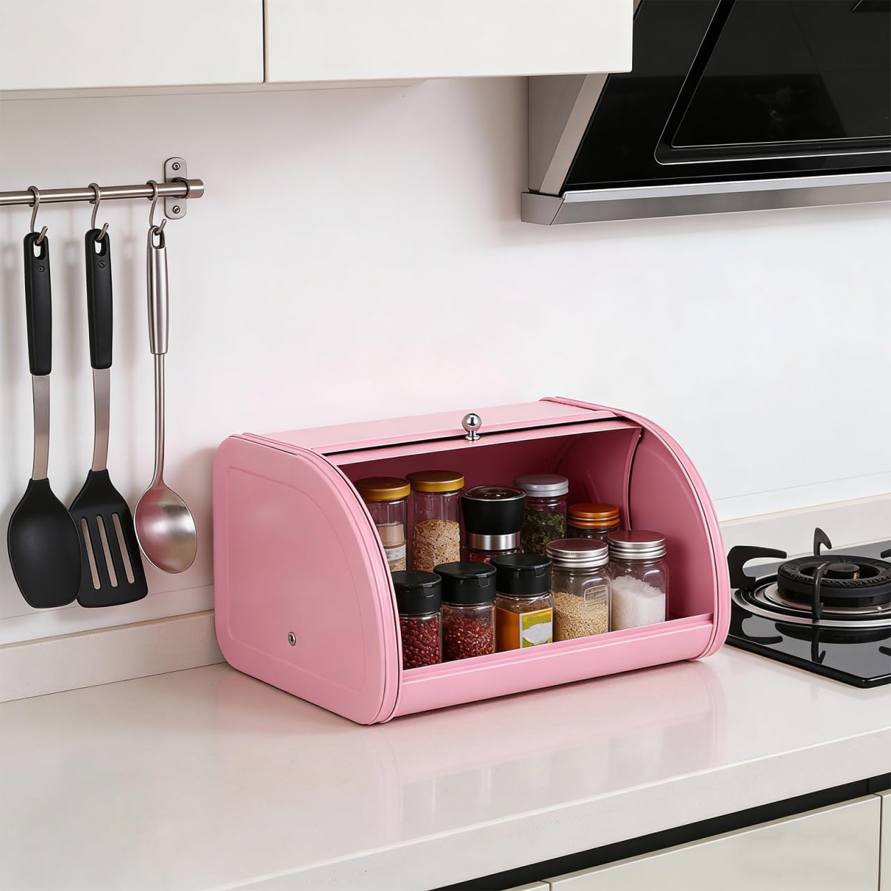 Amosfun Wrought Iron Bread Box with Roll-Top Door 12X10X7 Inch Kitchen Storage Bin for Fresh Bread Preservation and Ventilated Food Container