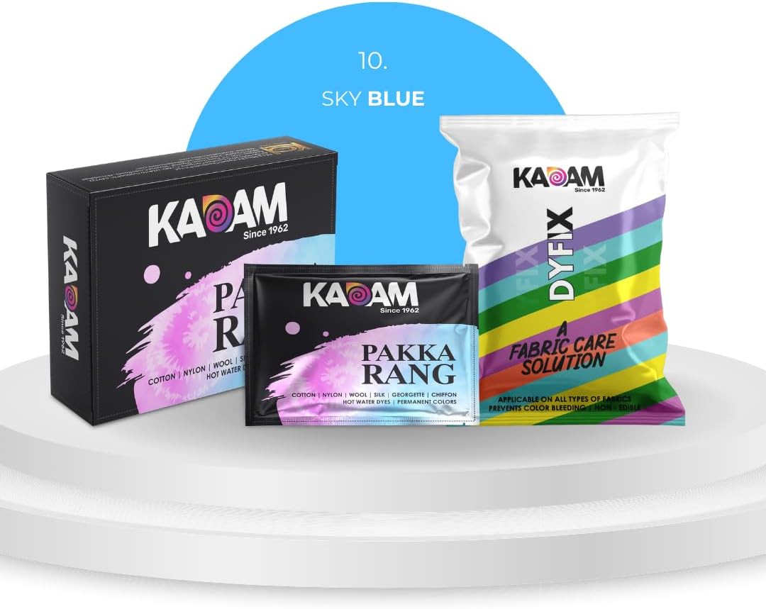 Kadam Pakka Rang Fabric Dye for Clothes Permanent, Cloth Dye Powder, Fabric Dye Clothes, Dye for Faded Jeans, 10 Sachets of Shade 10 Sky Blue Colour with 5 Sachets of Dyfix Colour Fixer