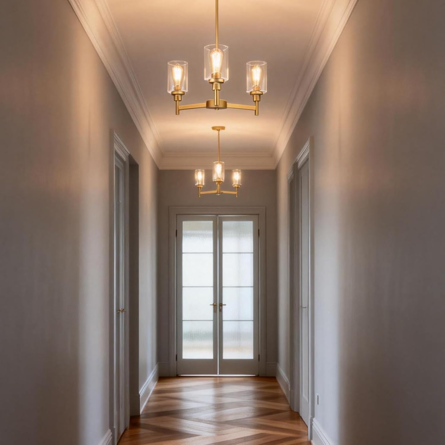 LIGHTDAMY 3-Lights Gold Chandeliers for Dining Room Light Fixture, Farmhouse Chandeliers Over Table, Hallway Lighting Fixtures with Glass Shade for Entryway Dining Room Kitchen Island Foyer