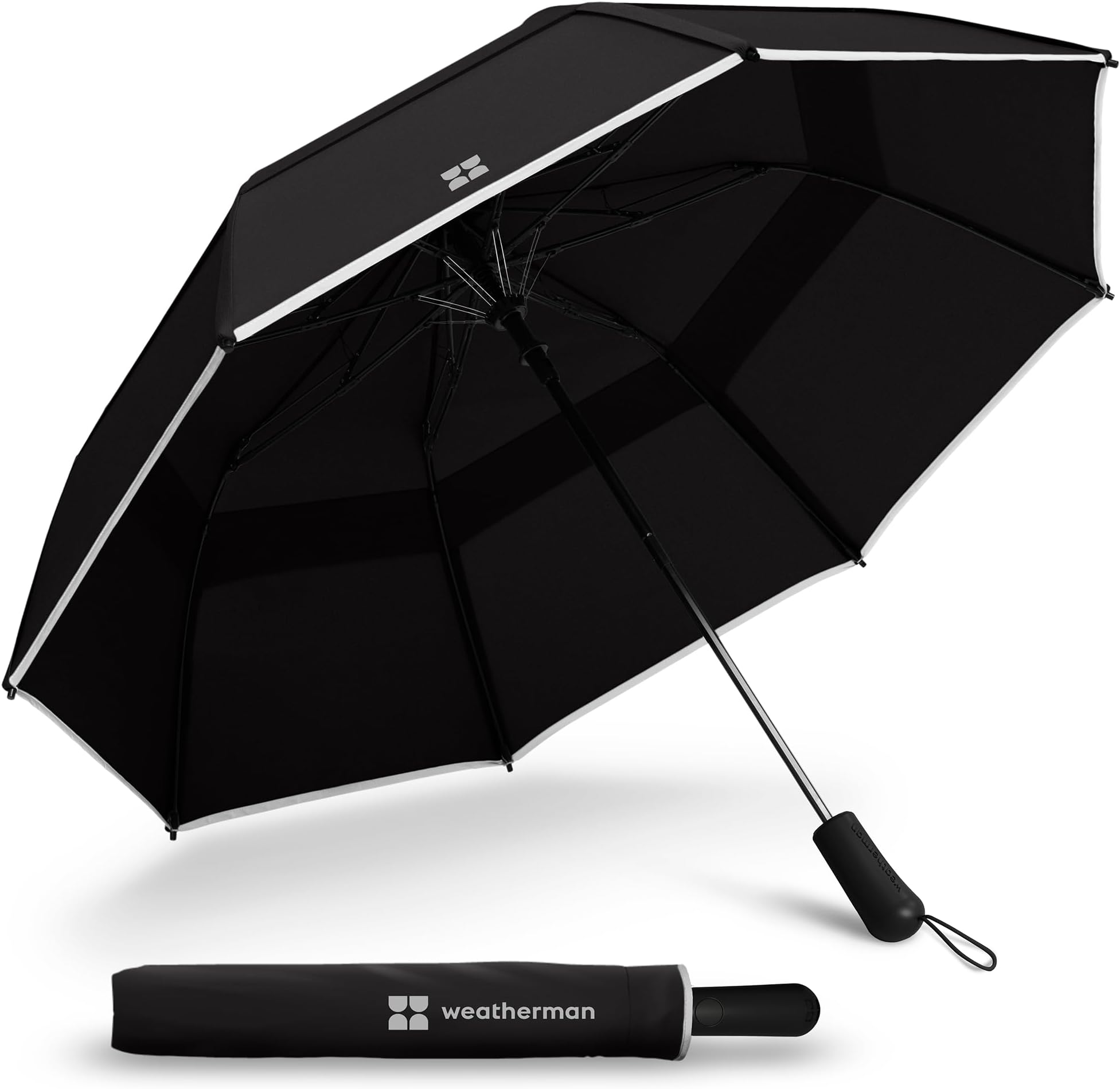 Weatherman Premium Collapsible Travel Umbrella - Windproof, Compact, Easy Auto Open - Resists Up to 55 MPH Winds - Perfect for Rain, Wind, Backpack, Car - Folding Umbrella (Black)