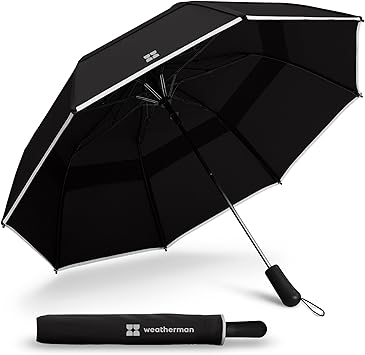 Weatherman Premium Collapsible Travel Umbrella - Windproof, Compact, Easy Auto Open - Resists Up to 55 MPH Winds - Perfect for Rain, Wind, Backpack, Car - Folding Umbrella Black