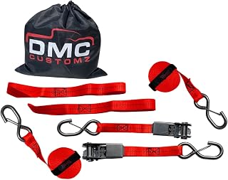 (Red) 1-Inch x 15ft Stainless Steel Ratchet Set – Heavy-Duty Tie Down Straps for Motorcycles – 2pcs Motorcycle Tie Down Straps with Hook and Loops and Soft Loops – Reliable and Easy to Use – Durable S-Hooks