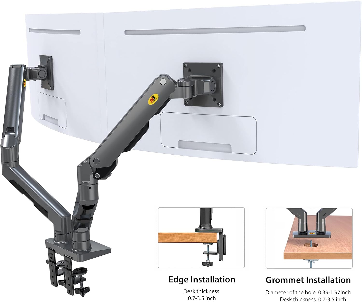 Diagram showing C-Clamp and Grommet installation methods for the monitor arm