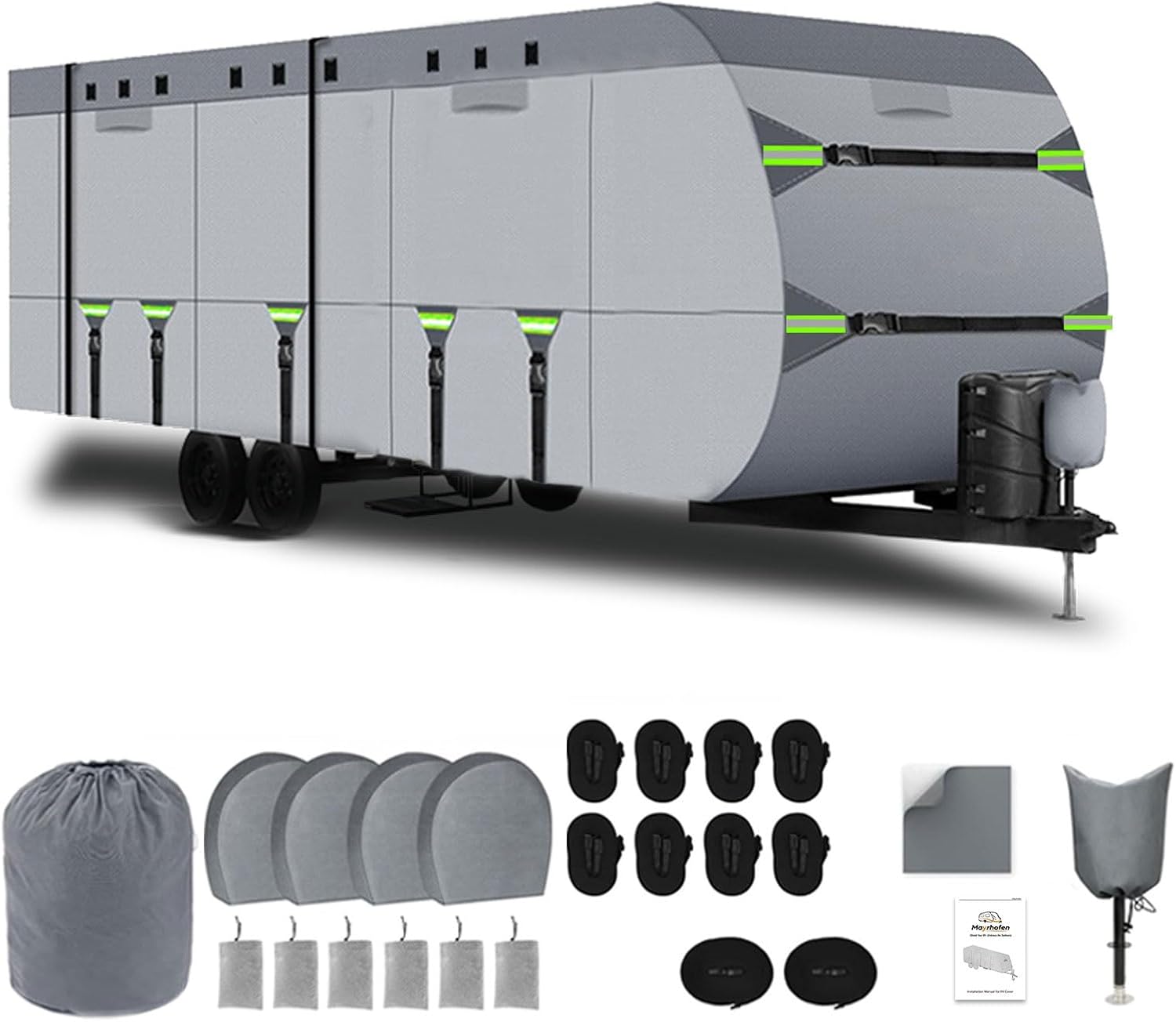 8 Layers Travel Trailer Cover Windproof Waterproof Rip-Stop RV Covers with Adhesive Repair Patches, 2Pcs Extra Straps & 4 Tire Covers (Fit 22-24FT)