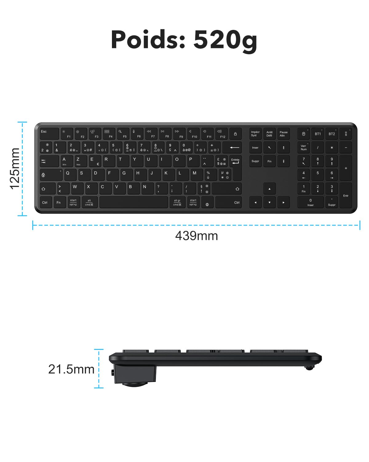 OMOTON Clavier sans Fil Bluetooth + 2.4G AZERTY pour PC/Windows/Mac, Noir | 3 Canaux Multi-appareils, Pleine Taille, Rechargeable, Ultra-Mince, Connexion Stable, Silencieux, Les ciseaux, Ergonomique