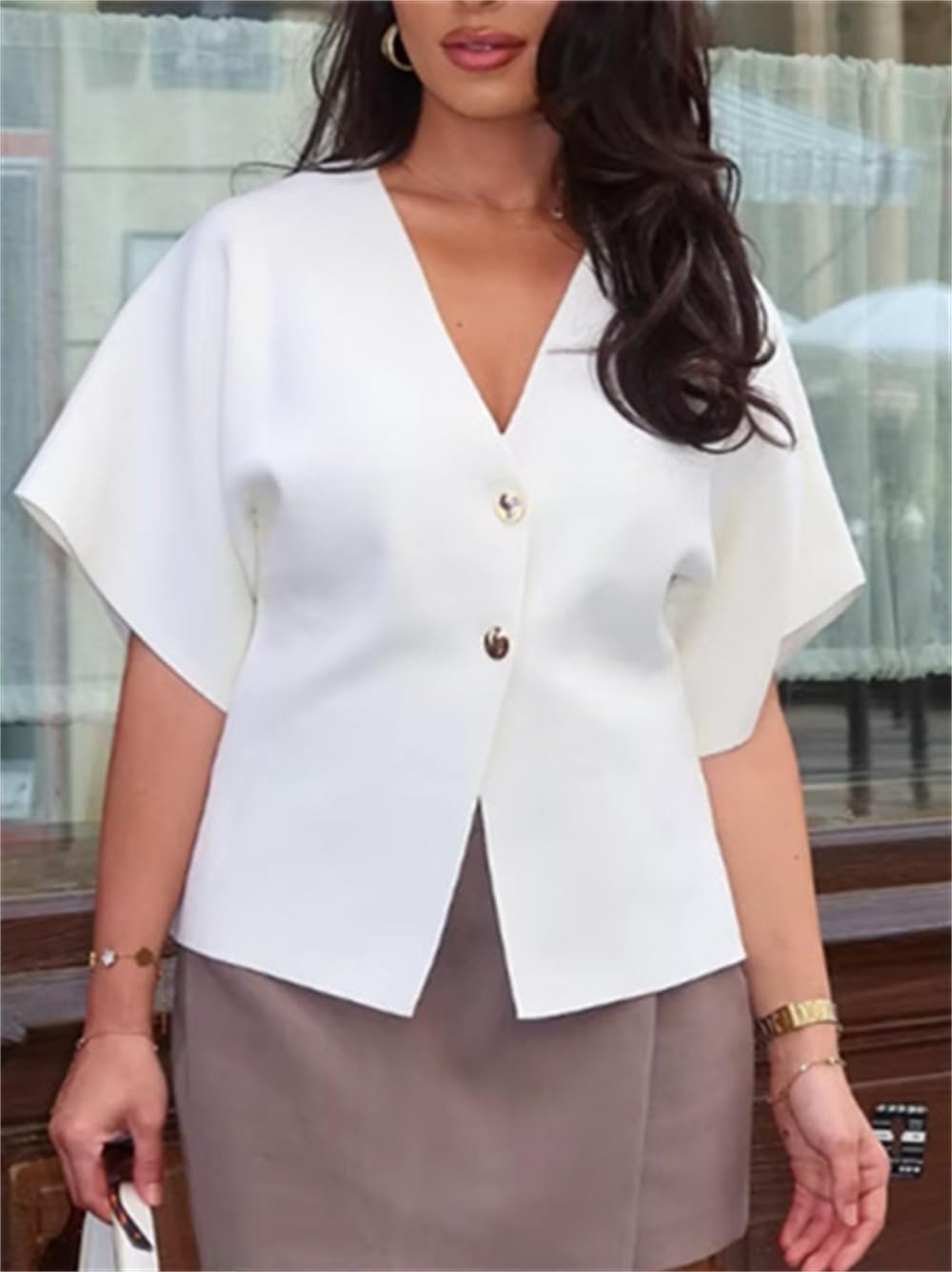 hathne Women's V Neck Short Sleeve Cardigan Sweater Button Down Ribbed Knit Tops - Image 3